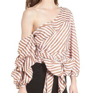 NWT StyleKeepers Wrap Me in Love One-Shoulder Top Size M Brown & White Striped